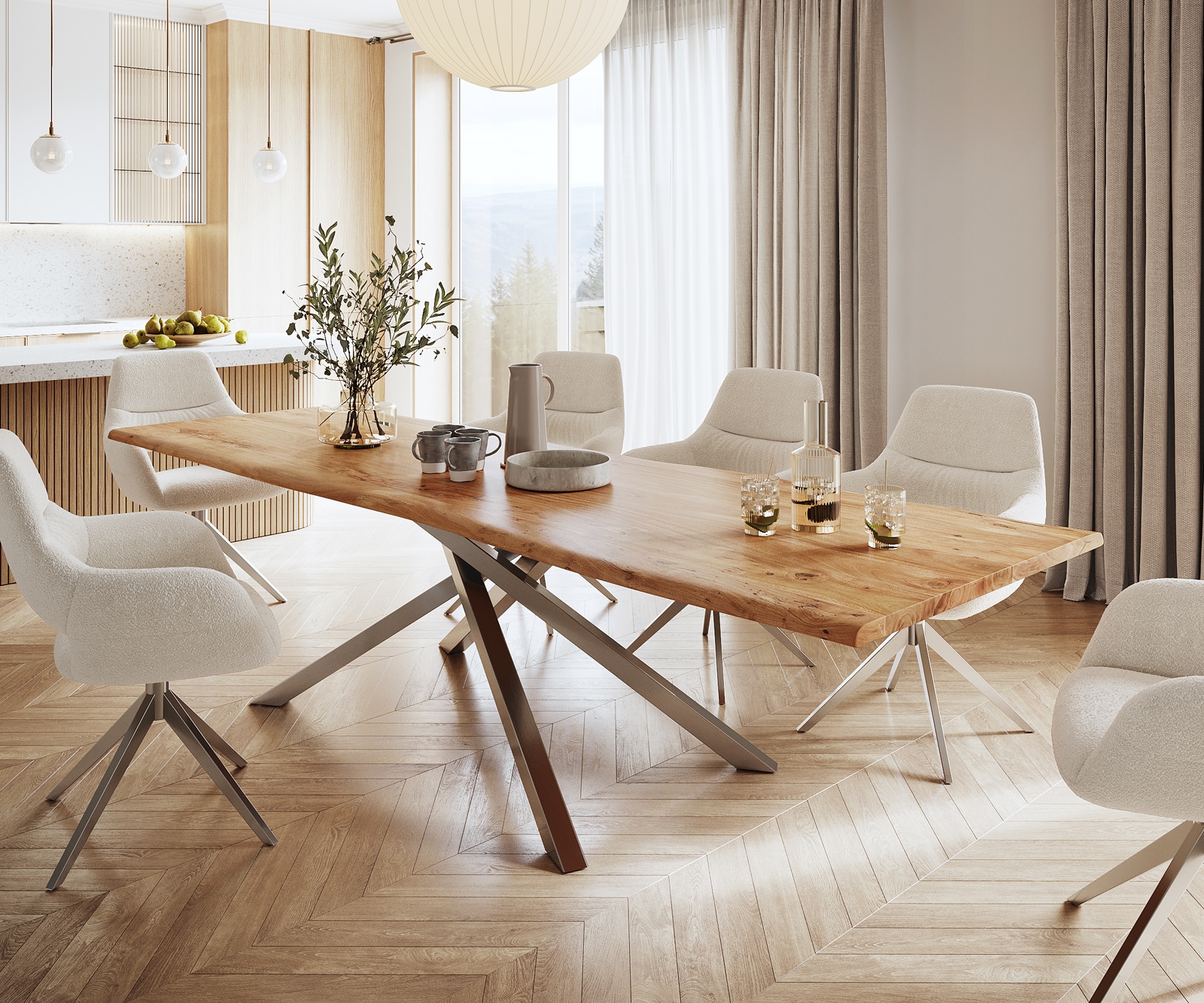 Esstisch Edge 300x100 Akazie Natur Kreuzgestell Rechteck Edelstahl Live-Edge von DELIFE