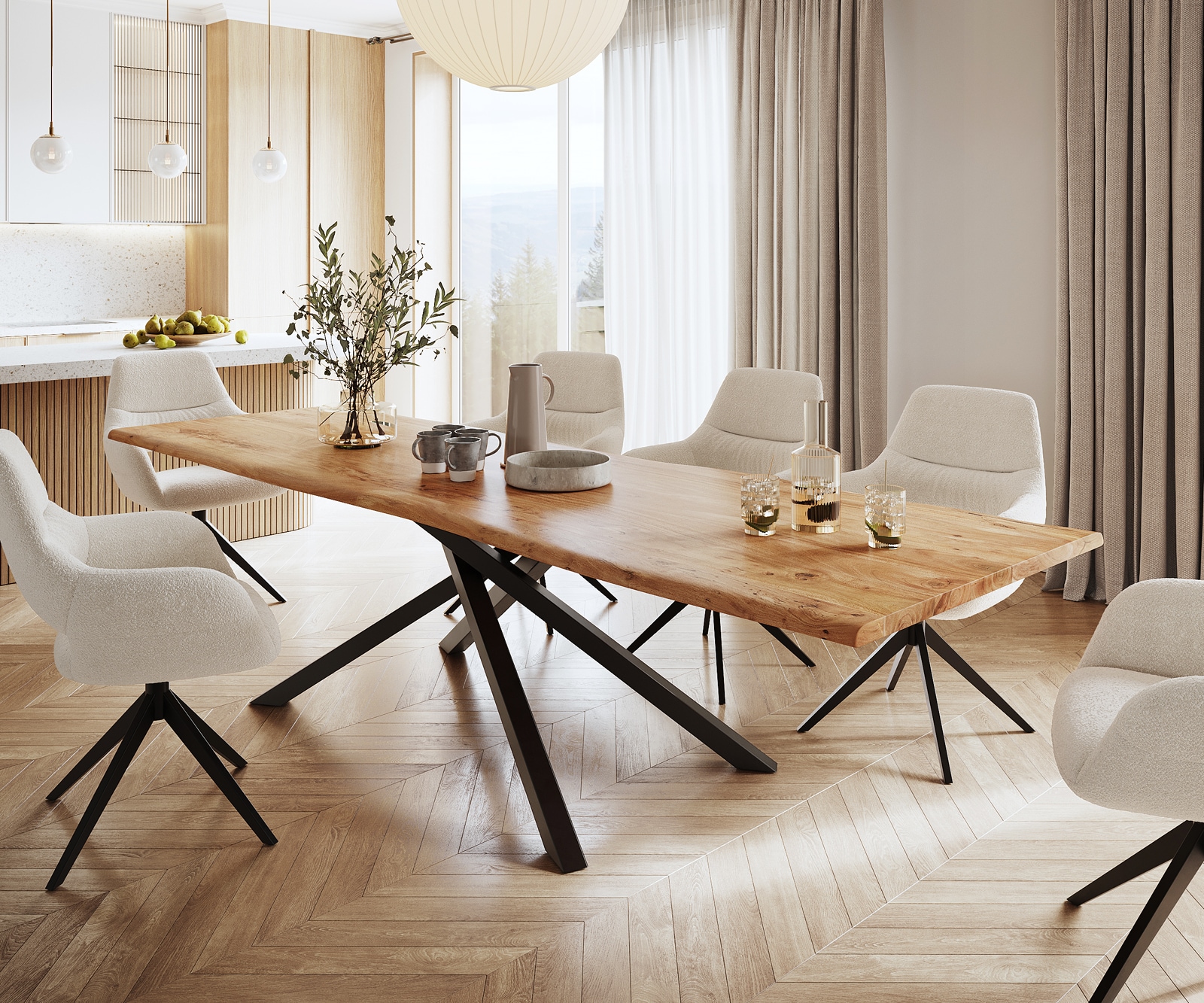 Esstisch Edge 300x100 Akazie Natur Kreuzgestell Rechteck Schwarz Live-Edge von DELIFE