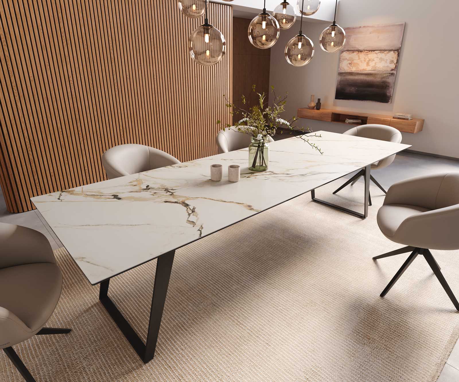 Esstisch Edge 300x100 Keramik Calacatta Luxe Weiß-Gold-Grau Metall Schräg Schwarz Esstisch Edge 300x100 Keramik Calacatta Luxe Weiß-Gold-Grau Metall Schräg Schwarz von DELIFE