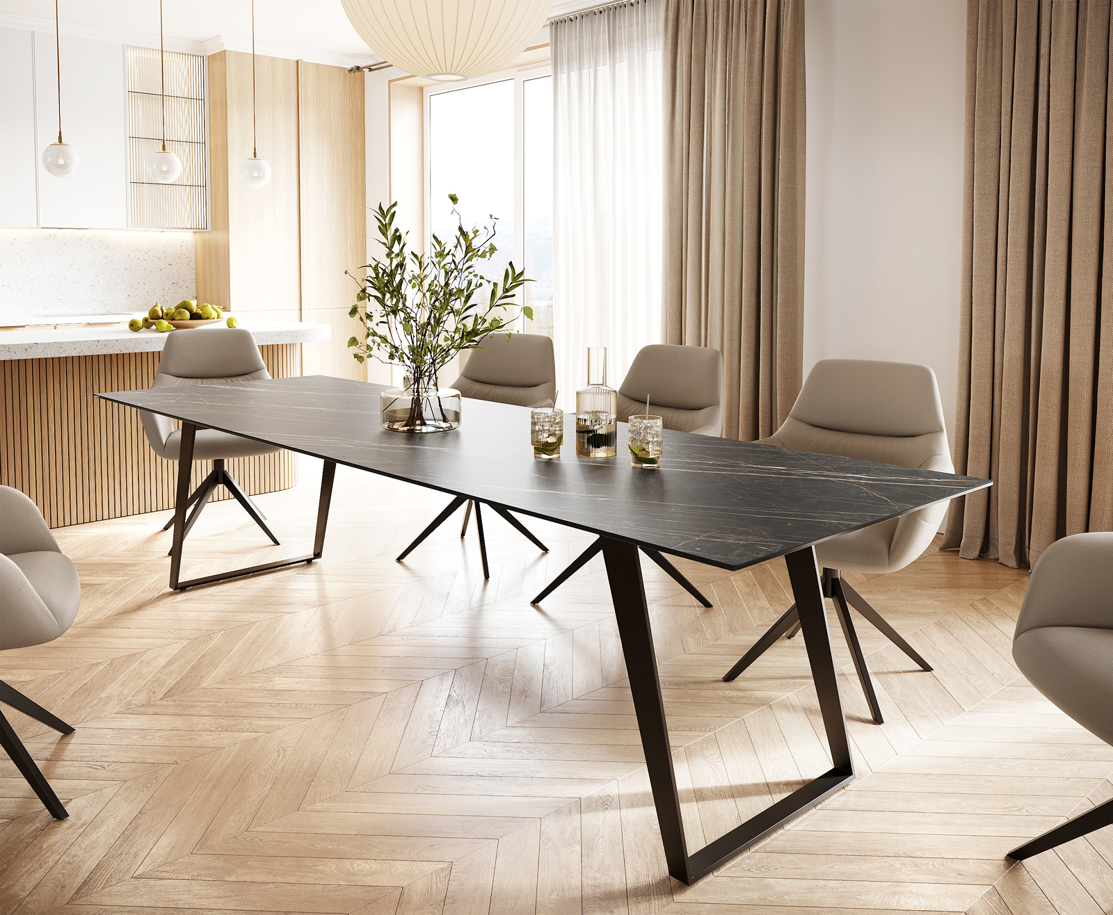 Esstisch Edge 300x100 Keramik Laminam® Noir Desir Braun Metall Schräg Schwarz von DELIFE