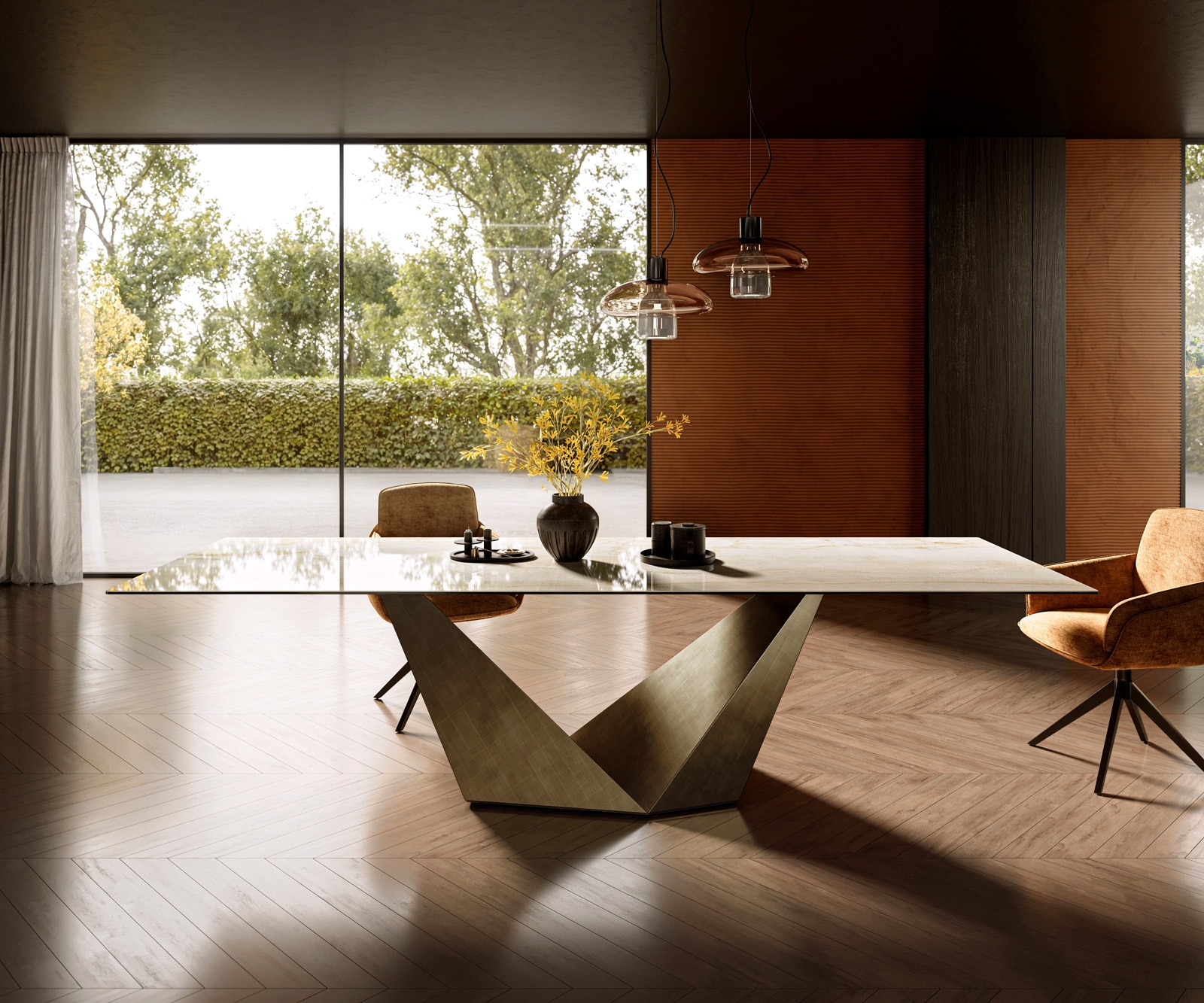 Esstisch Edge 300x100 Keramik Laminam® Onice Oro ?Prisma Metallic Gold von DELIFE