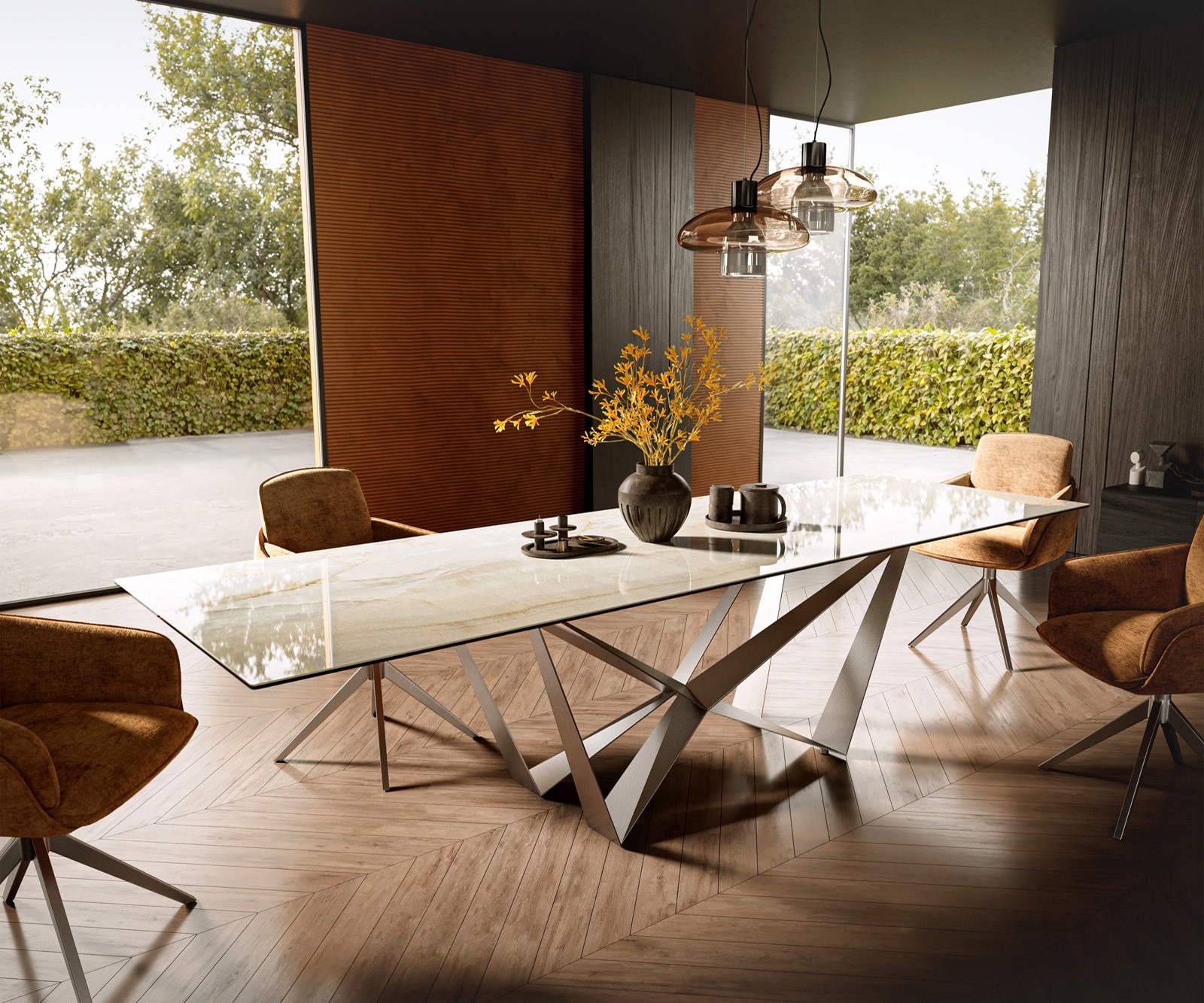 Esstisch Edge 300x100 Keramik Laminam® Onice Oro ?Spider Flachstahl Edelstahl von DELIFE