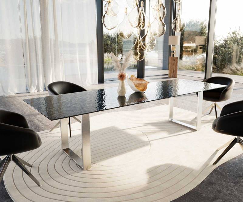 Esstisch Edge 300x100 Reliefglas Rauchschwarz 3D-Design Edelstahl Schmal von DELIFE