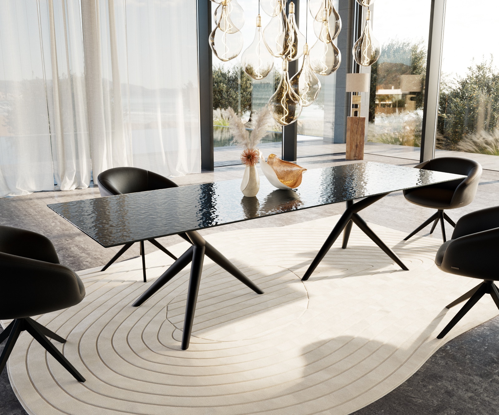 Esstisch Edge 300x100 Reliefglas Rauchschwarz 3D-Design Estelar rund Metall Schwarz von DELIFE