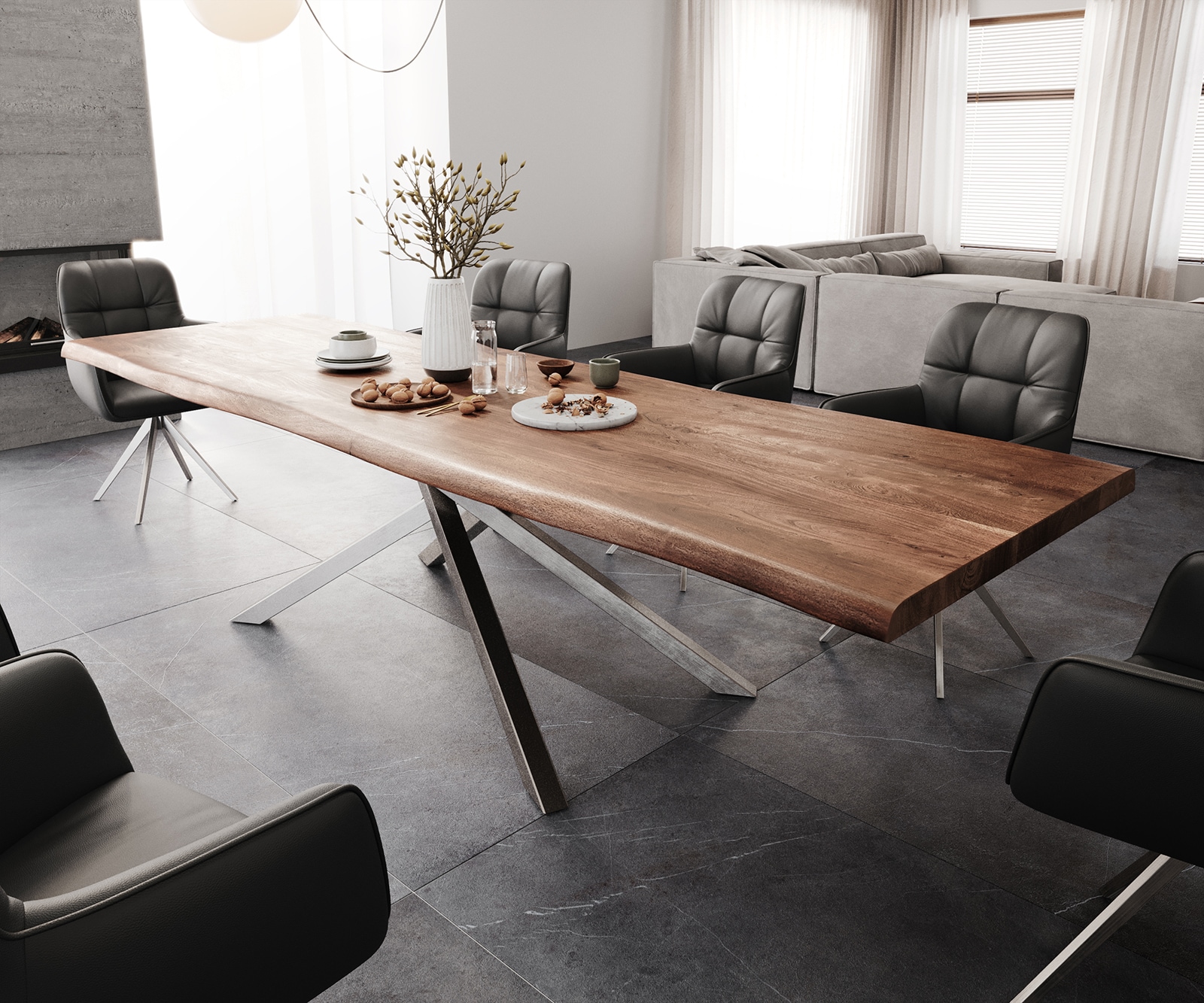 Esstisch Edge 300x100 XL Akazie Braun Kreuzgestell Rechteck Edelstahl Live-Edge Esstisch Edge 300x100 XL Akazie Braun Kreuzgestell Rechteck Edelstahl Live-Edge von DELIFE