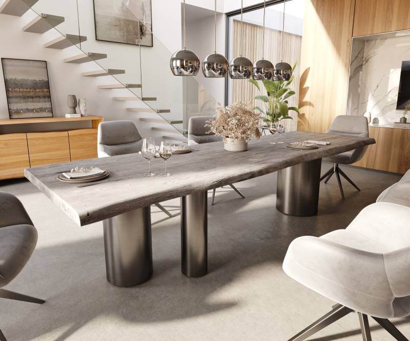 Esstisch Edge 300x100 XL Akazie Platin Troa Edelstahl Graphit Live-Edge von DELIFE