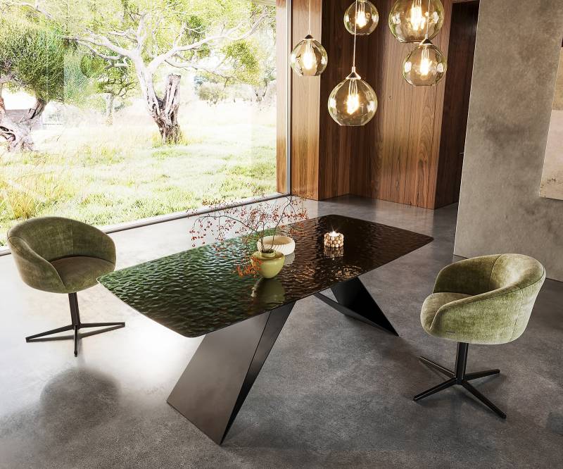 Esstisch Edge Boot 200x100 Reliefglas Rauchschwarz 3D-Design V-Gestell Flachstahl Schwarz Esstisch Edge Boot 200x100 Reliefglas Rauchschwarz 3D-Design V-Gestell Flachstahl Schwarz von DELIFE