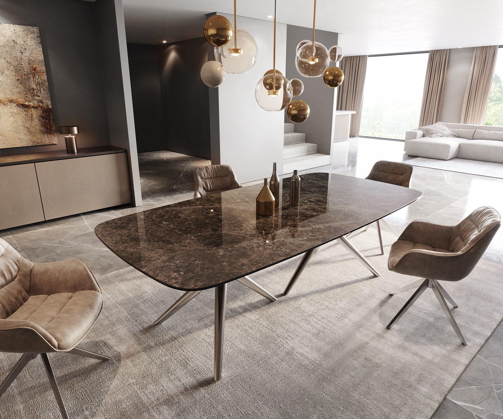 Esstisch Edge Boot 240x120 Keramik Laminam® Emperador Extra Lucidato Dunkelbraun Estelar rund Edelstahl von DELIFE