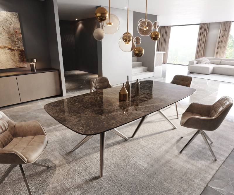 Esstisch Edge Boot 240x120 Keramik Laminam® Emperador Extra Lucidato Dunkelbraun Estelar rund Edelstahl von DELIFE