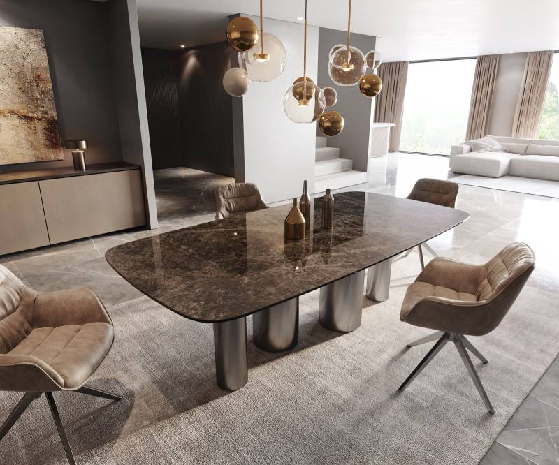 Esstisch Edge Boot 240x120 Keramik Laminam® Emperador Extra Lucidato Dunkelbraun Pilier Edelstahl Graphit von DELIFE