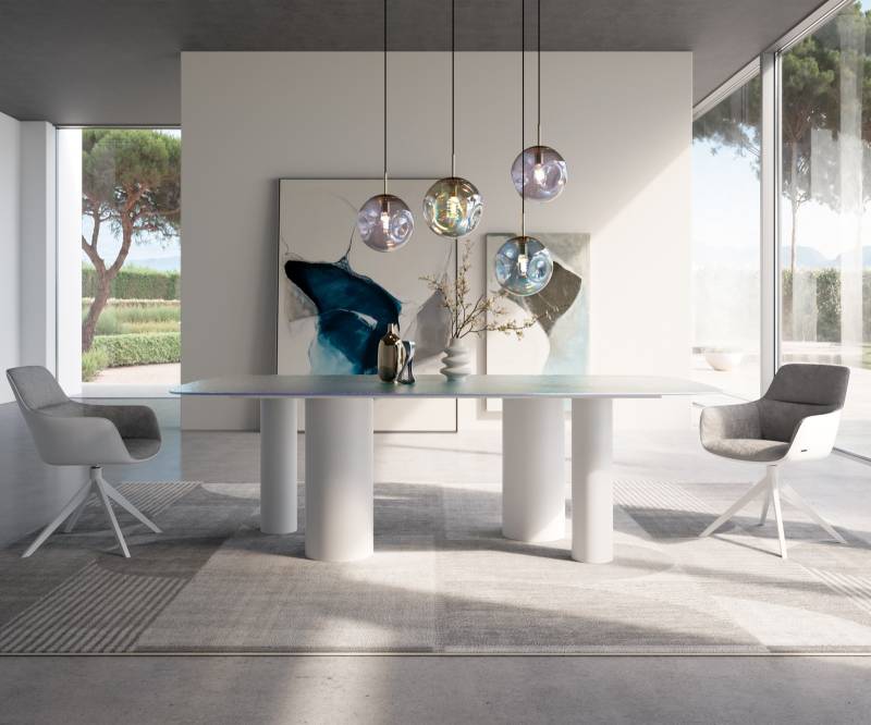 Esstisch Edge Boot 240x120 Reliefglas Perlmutt 3D-Design Pilier Metall Weiß Esstisch Edge Boot 240x120 Reliefglas Perlmutt 3D-Design Pilier Metall Weiß von DELIFE