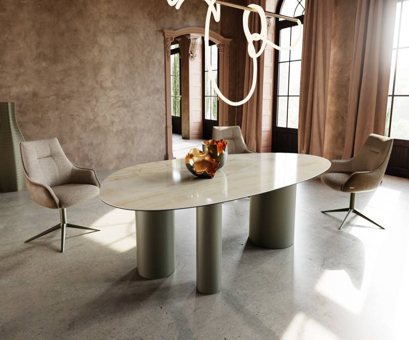 Esstisch Edge Oval 220x120 Keramik Iris FMG Onice Oro Troa Metall Effektfinish Titan von DELIFE