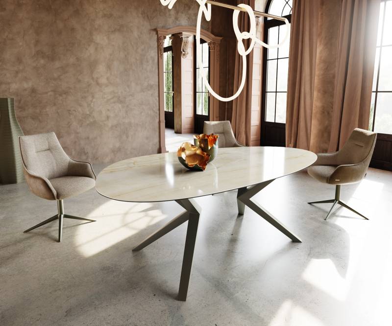 Esstisch Edge Oval 220x120 Keramik Iris FMG Onice Oro Zenthara kantig Metall Effektfinish Titan von DELIFE