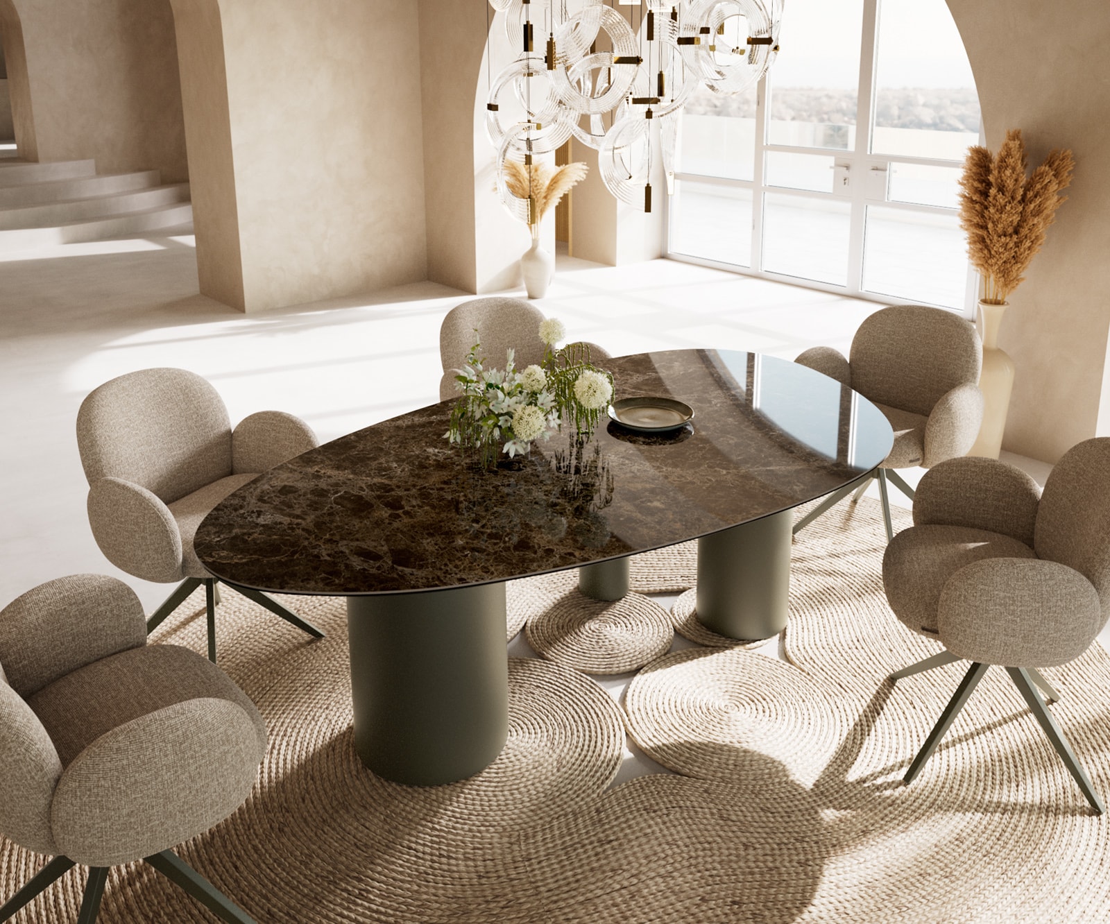 Esstisch Edge Oval 220x120 Keramik Laminam® Emperador Extra Lucidato Dunkelbraun Troa Metall Effektfinish Titan von DELIFE