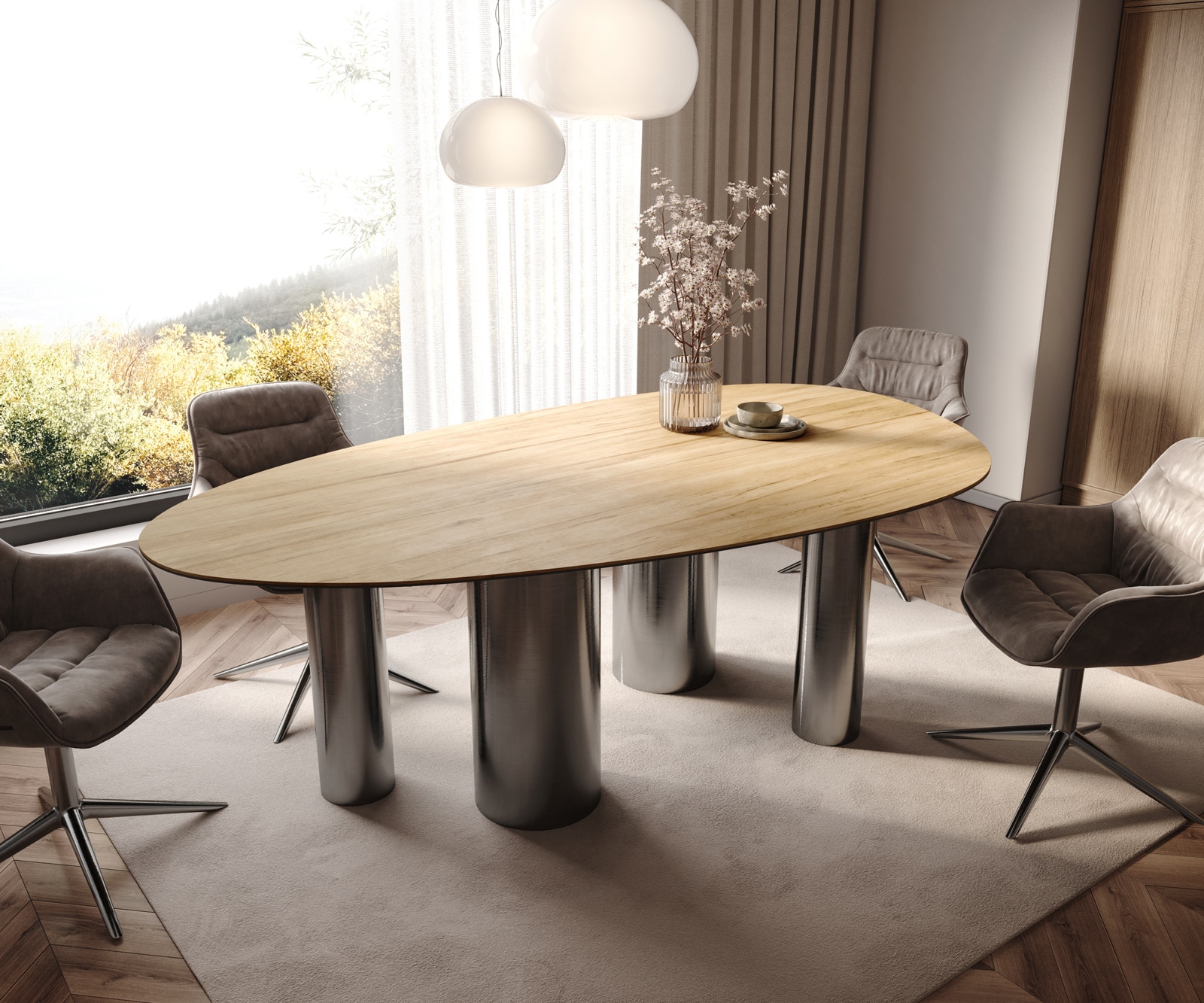 Esstisch Edge Oval 220x120 Keramik Laminam® Sabbia Eichefarbig Pilier Edelstahl Graphit von DELIFE