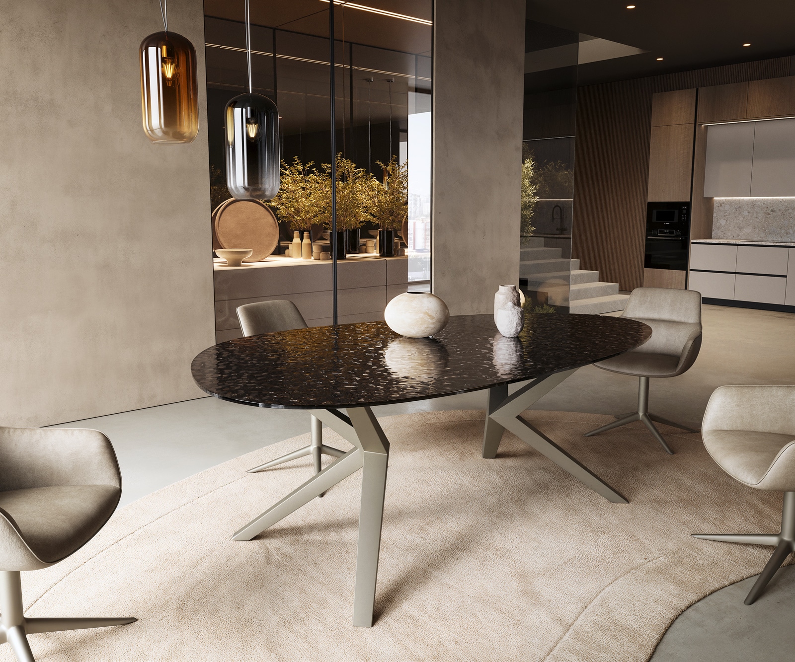 Esstisch Edge Oval 220x120 Reliefglas Rauchschwarz 3D-Design Zenthara kantig Metall Effektfinish Titan Esstisch Edge Oval 220x120 Reliefglas Rauchschwarz 3D-Design Zenthara kantig Metall Effektfinish Titan von DELIFE