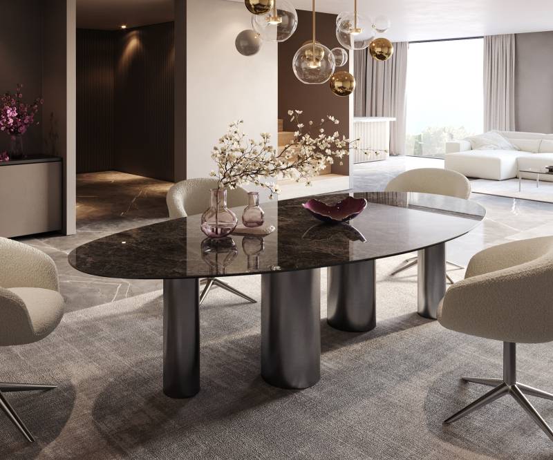 Esstisch Edge Oval 280x130 Keramik Laminam®Emperador Extra Lucidato Dunkelbraun Pilier Edelstahl Graphit von DELIFE