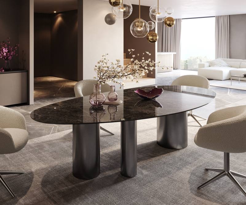 Esstisch Edge Oval 280x130 Keramik Laminam®Emperador Extra Lucidato Dunkelbraun Troa Edelstahl Graphit von DELIFE