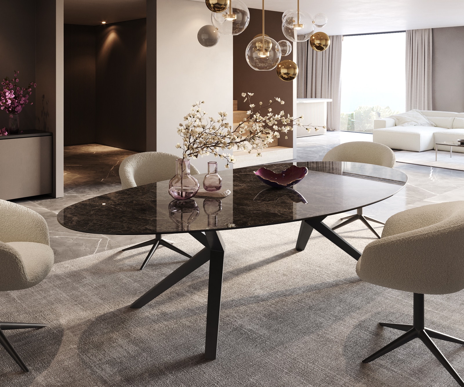 Esstisch Edge Oval 280x130 Keramik Laminam®Emperador Extra Lucidato Dunkelbraun Zenthara kantig Metall Schwarz von DELIFE