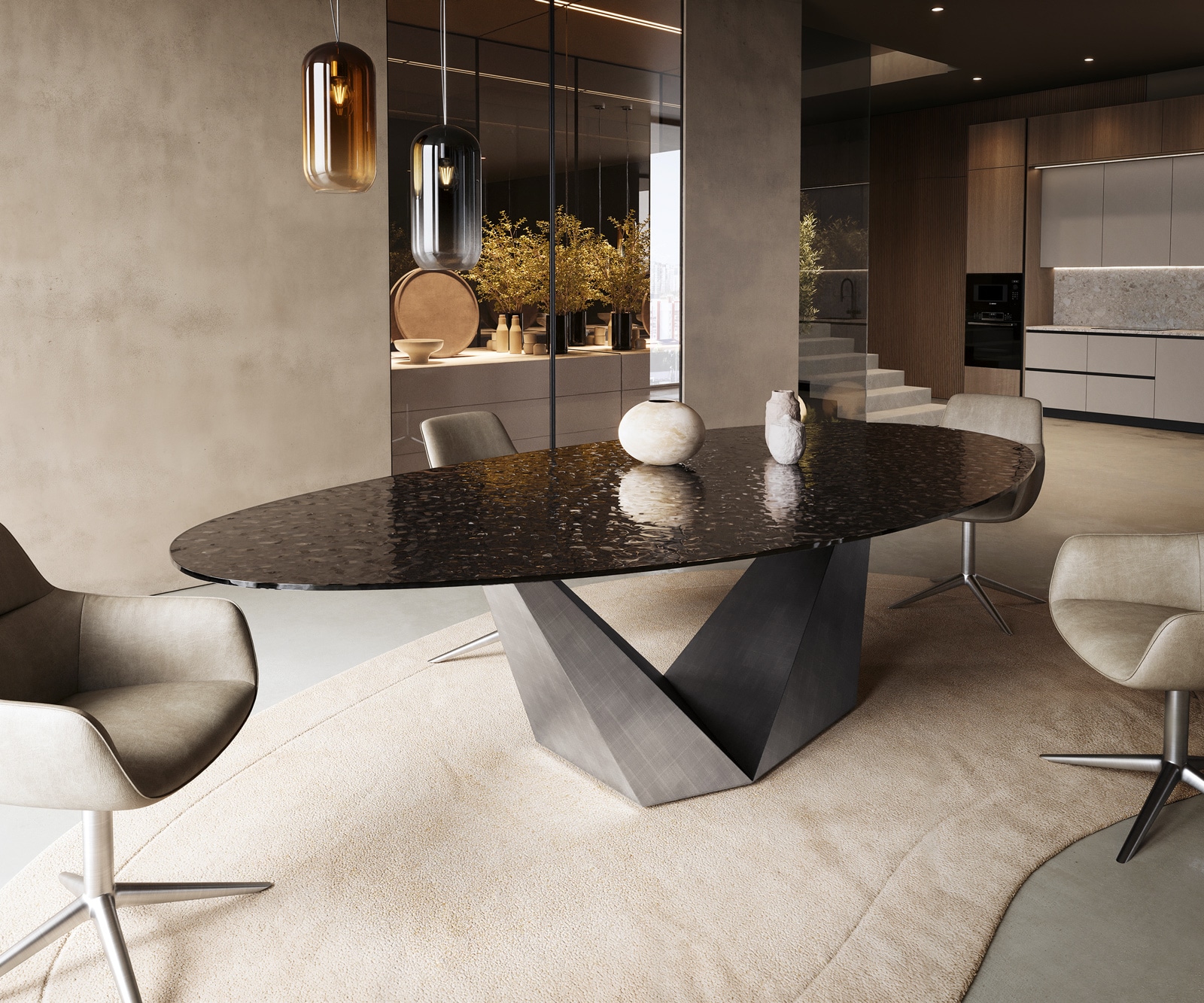Esstisch Edge Oval 280x130 Reliefglas Rauchschwarz 3D-Design Prisma Metallic Silber Esstisch Edge Oval 280x130 Reliefglas Rauchschwarz 3D-Design Prisma Metallic Silber von DELIFE