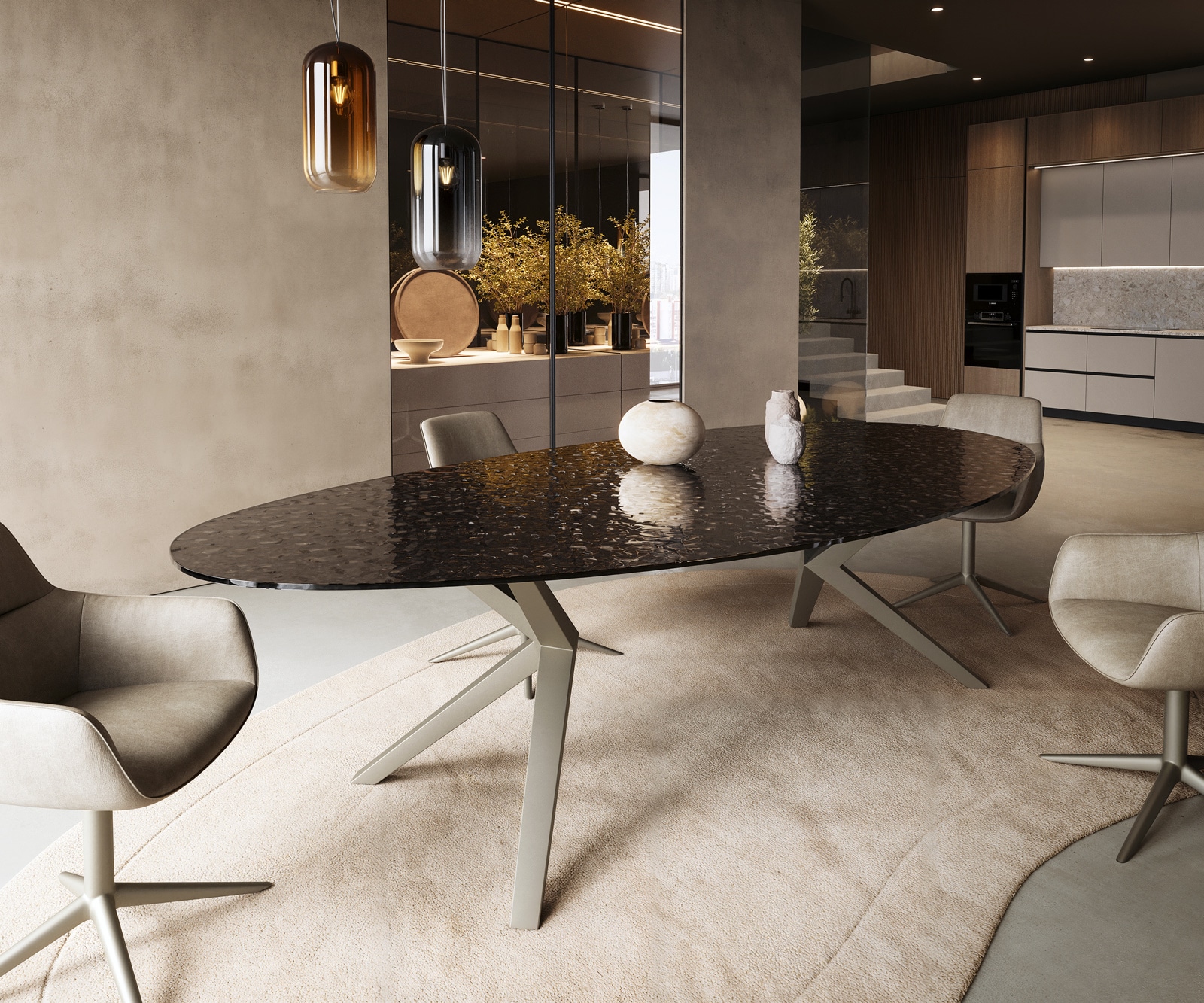 Esstisch Edge Oval 280x130 Reliefglas Rauchschwarz 3D-Design Zenthara kantig Metall Effektfinish Titan Esstisch Edge Oval 280x130 Reliefglas Rauchschwarz 3D-Design Zenthara kantig Metall Effektfinish Titan von DELIFE