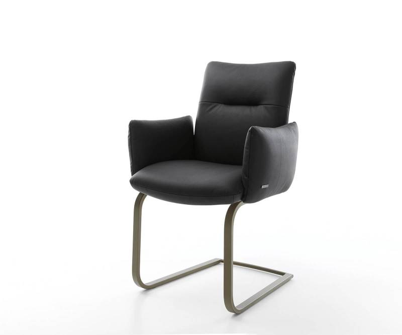 Freischwinger Jova-Flex mit Armlehnen Echt-Leder Schwarz Freischwinger flach Effektfinish Titan Taschenfederkern von DELIFE