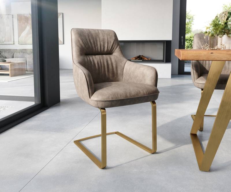 Freischwinger Zelia-Flex mit Armlehnen Mikrofaser Taupe Vintage Freischwinger flach Gold Taschenfederkern von DELIFE