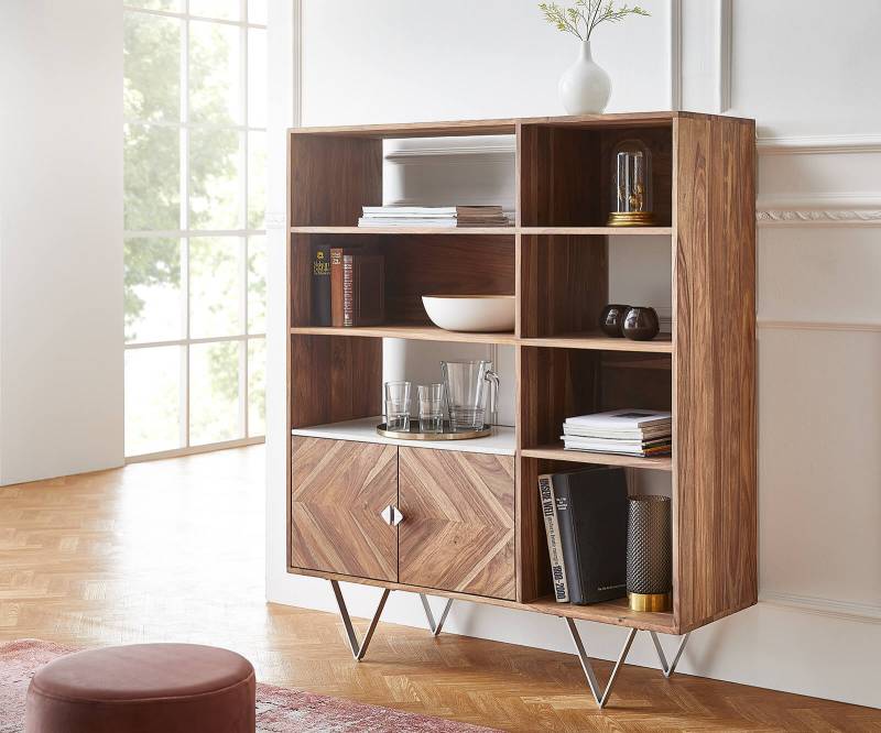 Highboard Pacino 115 cm Sheesham Natur Steinplatte Weiß Marmor von DELIFE