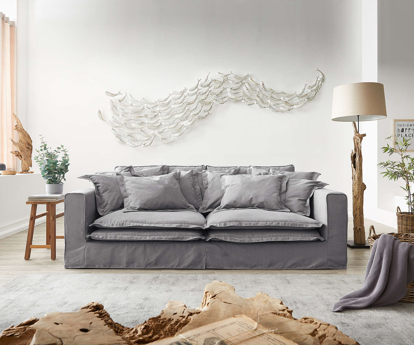 Hussensofa Noelia 240x145 cm Grau mit Kissen Big-Sofa von DELIFE