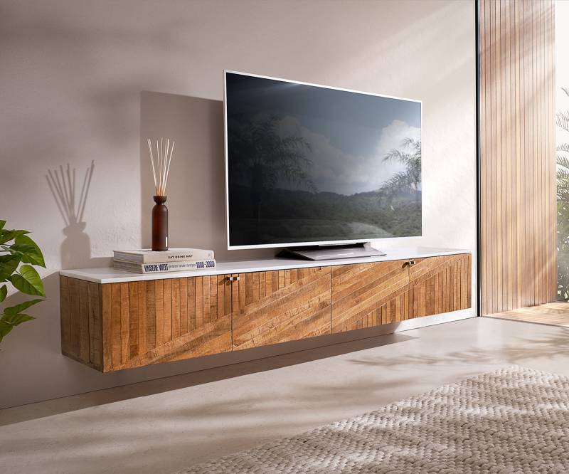 Lowboard Bahan 200 cm Mango Teak 4 Türen Marmorplatte weiss schwebend von DELIFE