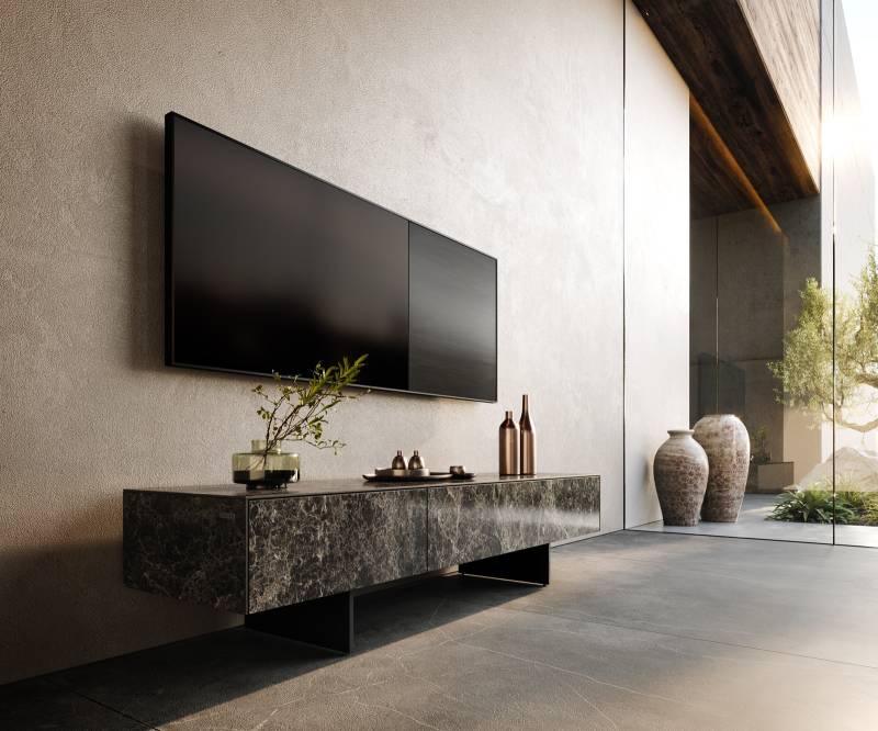 Lowboard Cuor 150 cm Keramik Laminam® Emperador Extra Lucidato Dunkelbraun 1 Klappe 1 Schubfach Fuß Schwebeoptik Metall Schwarz von DELIFE