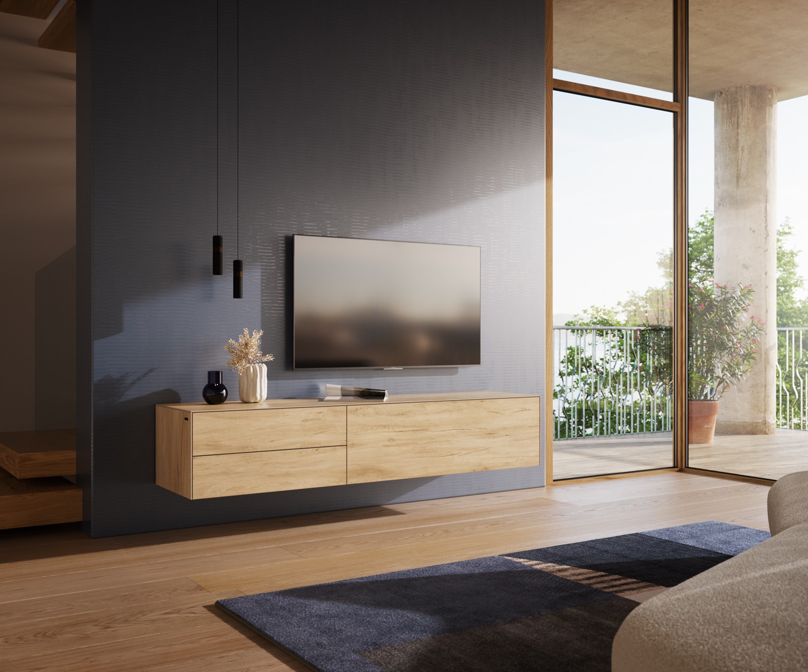 Lowboard Cuor 180 cm Keramik Laminam® Sabbia Eichefarbig 1 Klappe 2 Schubfächer Schwebend von DELIFE