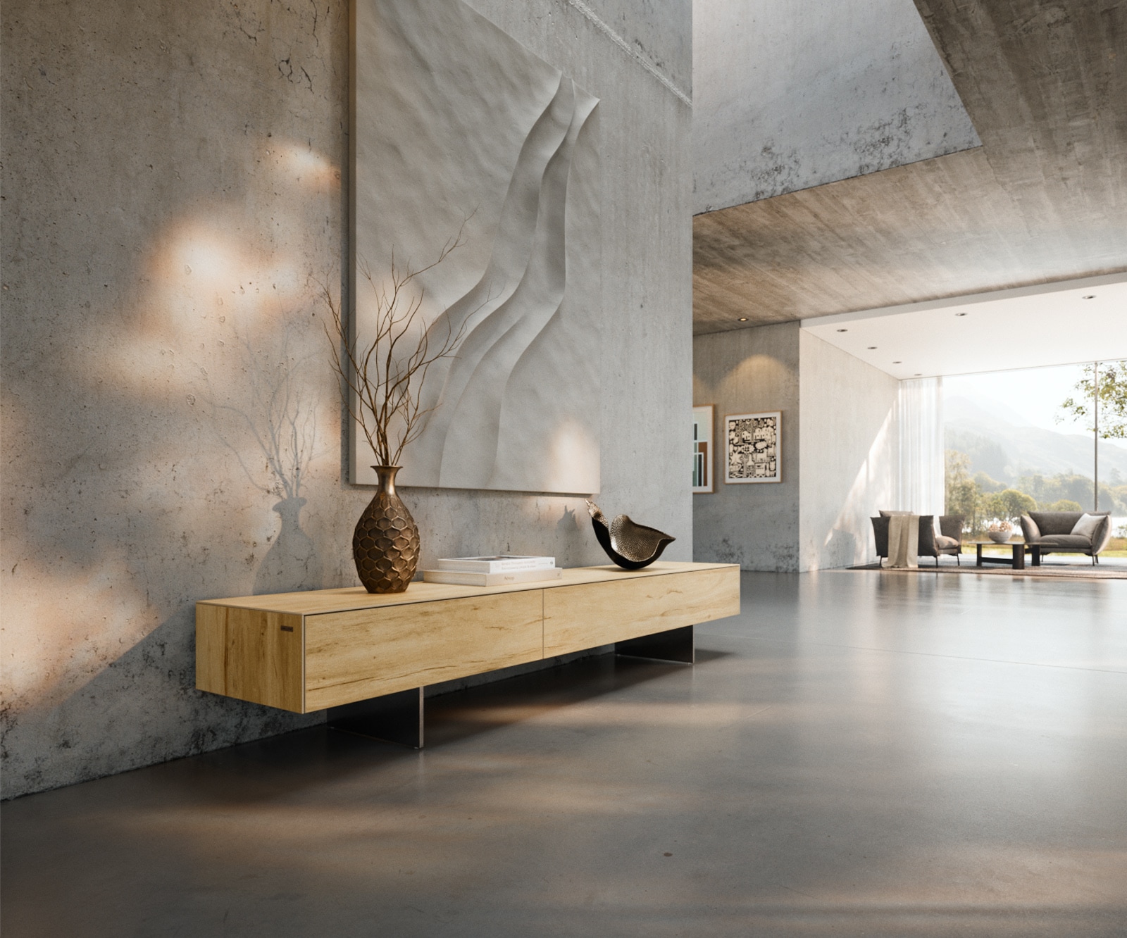 Lowboard Cuor 200 cm Keramik Laminam® Sabbia Eichefarbig 1 Klappe 1 Schubfach Fuß Schwebeoptik Edelstahl von DELIFE