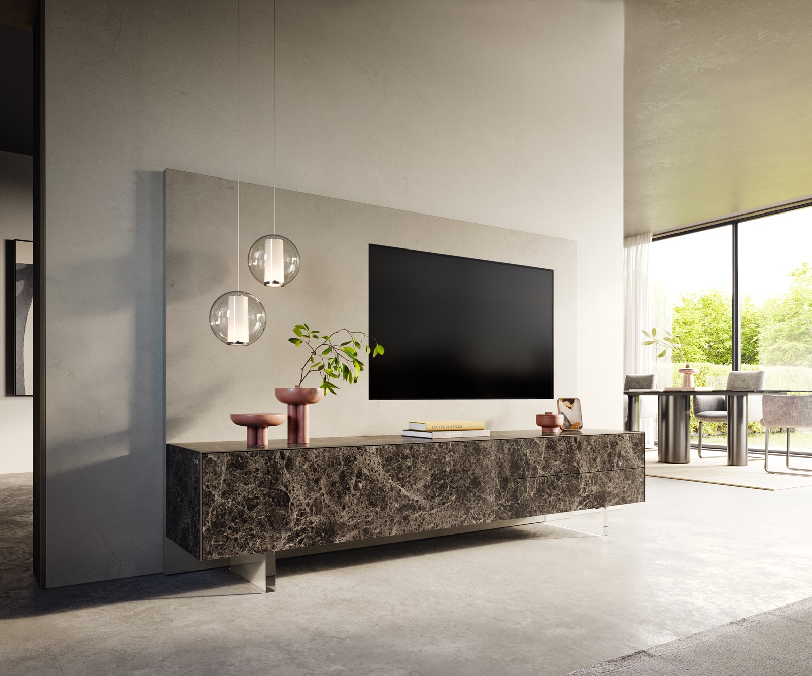 Lowboard Cuor 220 cm Keramik Laminam® Emperador Extra Lucidato Dunkelbraun 1 Klappe 2 Schubfächer Fuß Schwebeoptik Acrylglas von DELIFE