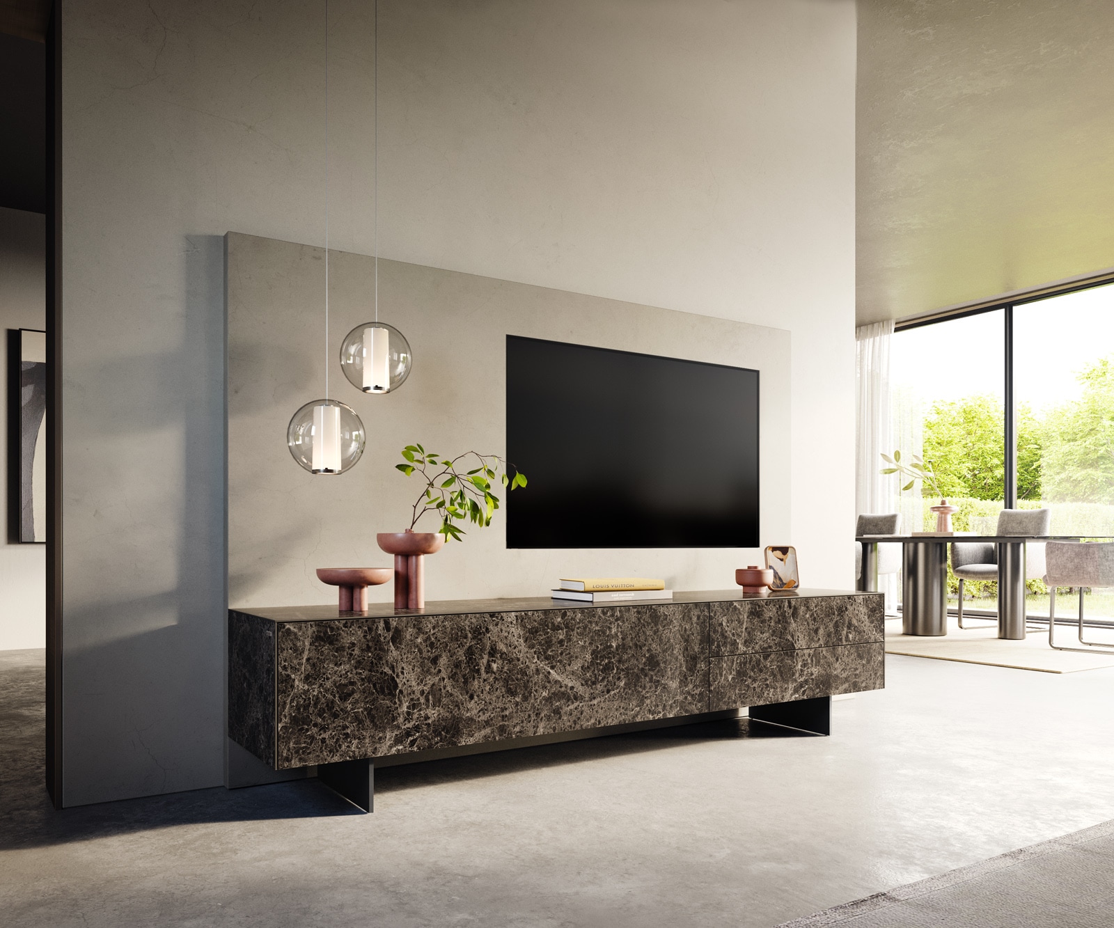 Lowboard Cuor 220 cm Keramik Laminam® Emperador Extra Lucidato Dunkelbraun 1 Klappe 2 Schubfächer Fuß Schwebeoptik Metall Schwarz von DELIFE