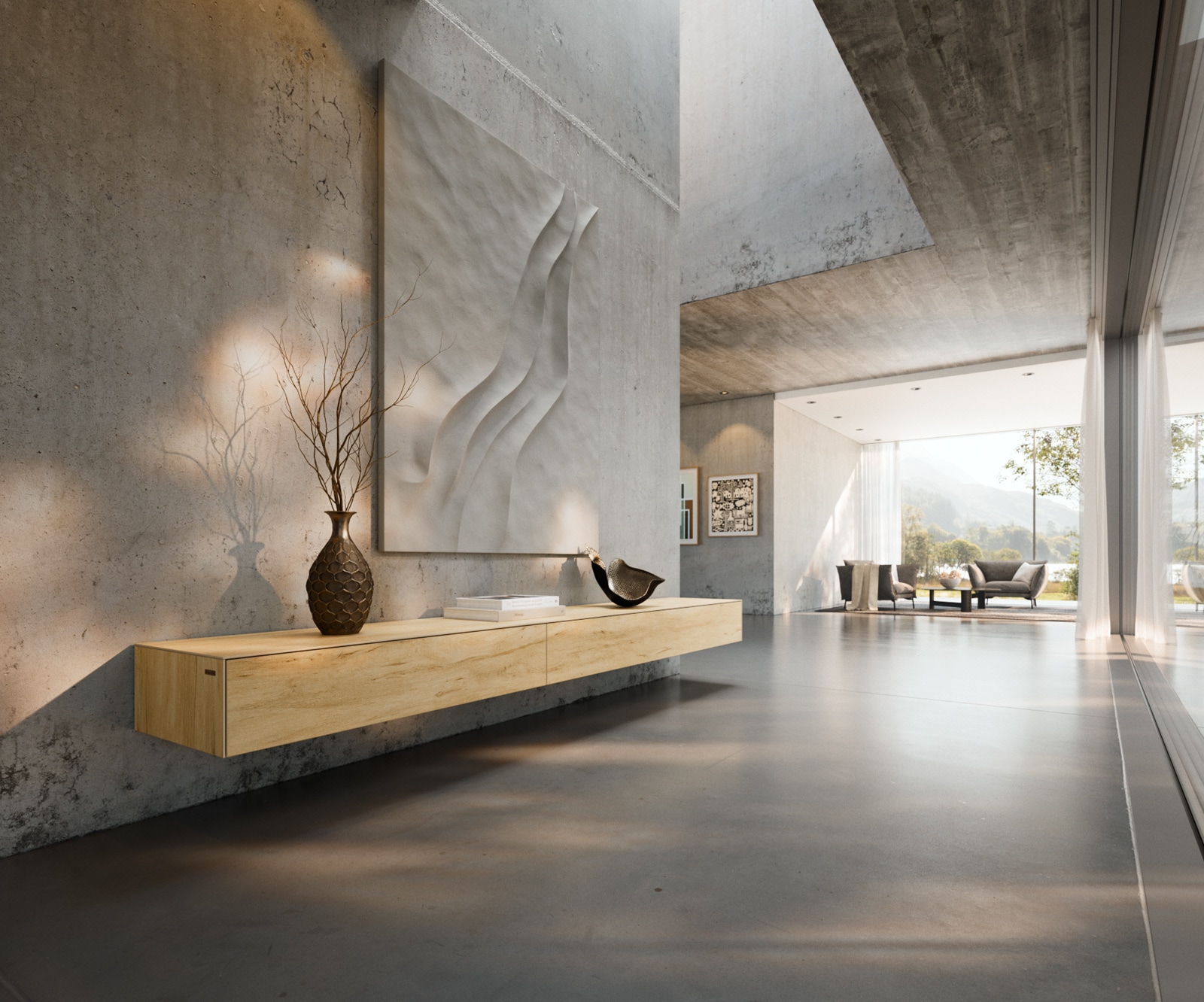 Lowboard Cuor 250 cm Keramik Laminam® Sabbia Eichefarbig 1 Klappe 1 Schubfach Schwebend von DELIFE