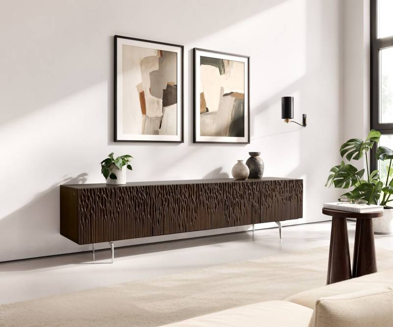 Lowboard Follia 200 cm Mango Braun 4 Türen Winkelfuß Edelstahl gebürstet von DELIFE