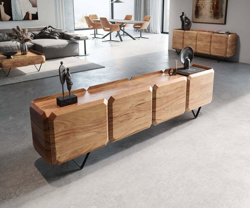 Lowboard Kiano 220 cm Akazie Natur 4 Türen V-Fuß Schwarz Raumteiler von DELIFE