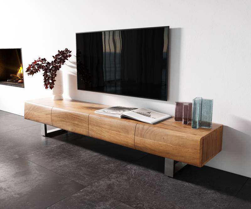 Lowboard New Live-Edge 200 cm Akazie Natur 4 Türen Kufe Edelstahl gebürstet von DELIFE