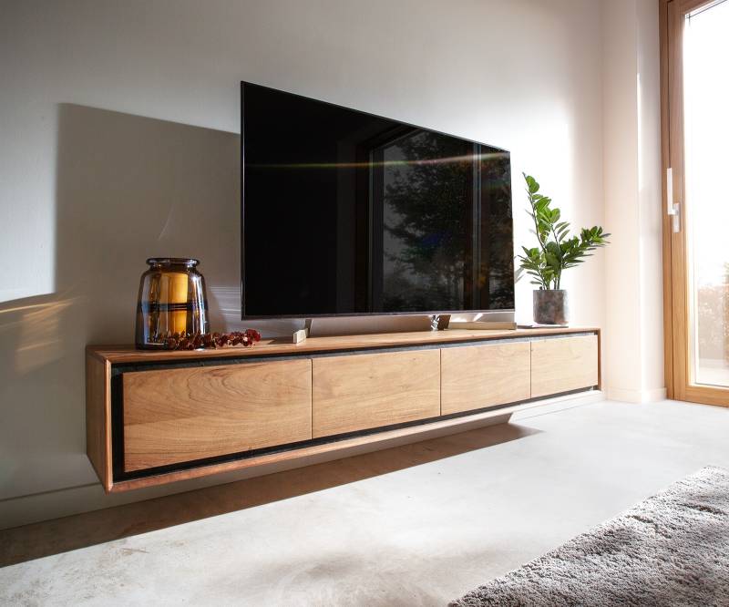 Lowboard Stonegrace 200 cm Akazie Natur 4 Türen Steinfurnier schwebend von DELIFE
