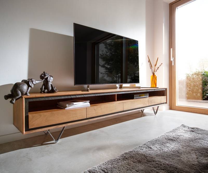 Lowboard Stonegrace 240 cm Akazie Natur 2 Fächer 4 Schubladen Steinfurnier V-Fuß von DELIFE