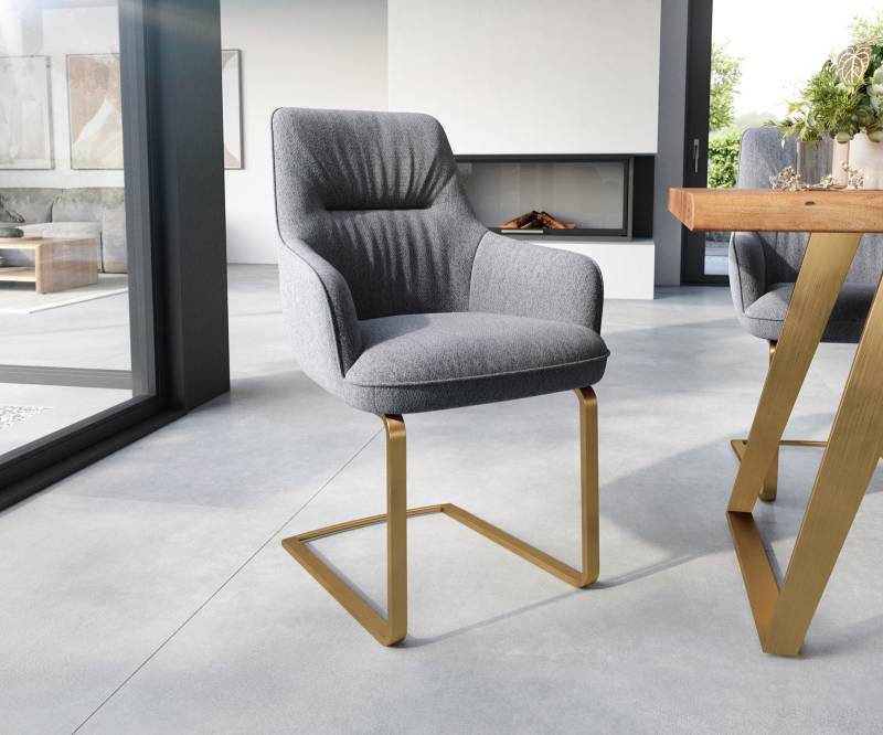 Freischwinger Zelia-Flex mit Armlehnen Strukturstoff Hellgrau Freischwinger flach Gold Taschenfederkern von DELIFE