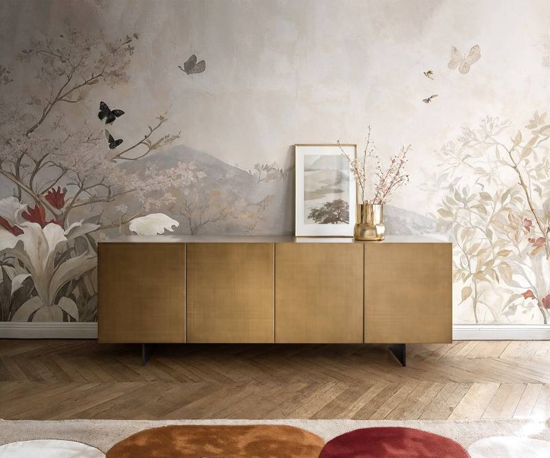 Sideboard Aira 200 cm Metallic Gold 4 Türen schwebend Metall Schwarz von DELIFE
