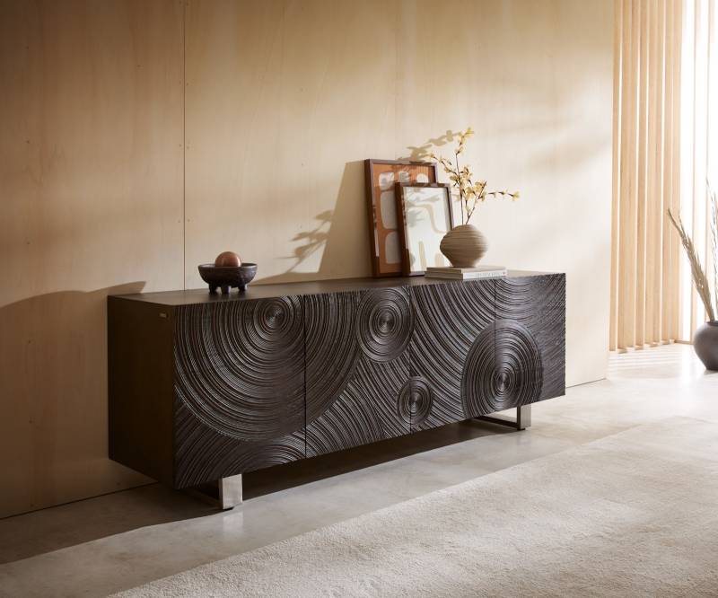 Sideboard Ashara 200 cm Esche Dunkelbraun 3D Effekt 4 Türen Kufe Edelstahl gebürstet von DELIFE