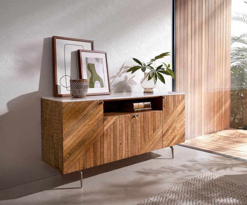 Sideboard Bahan 145 cm Mango Teak 4 Türen 1 Fach Marmorplatte weiss Winkelfuß Edelstahl Sideboard Bahan 145 cm Mango Teak 4 Türen 1 Fach Marmorplatte weiss Winkelfuß Edelstahl von DELIFE