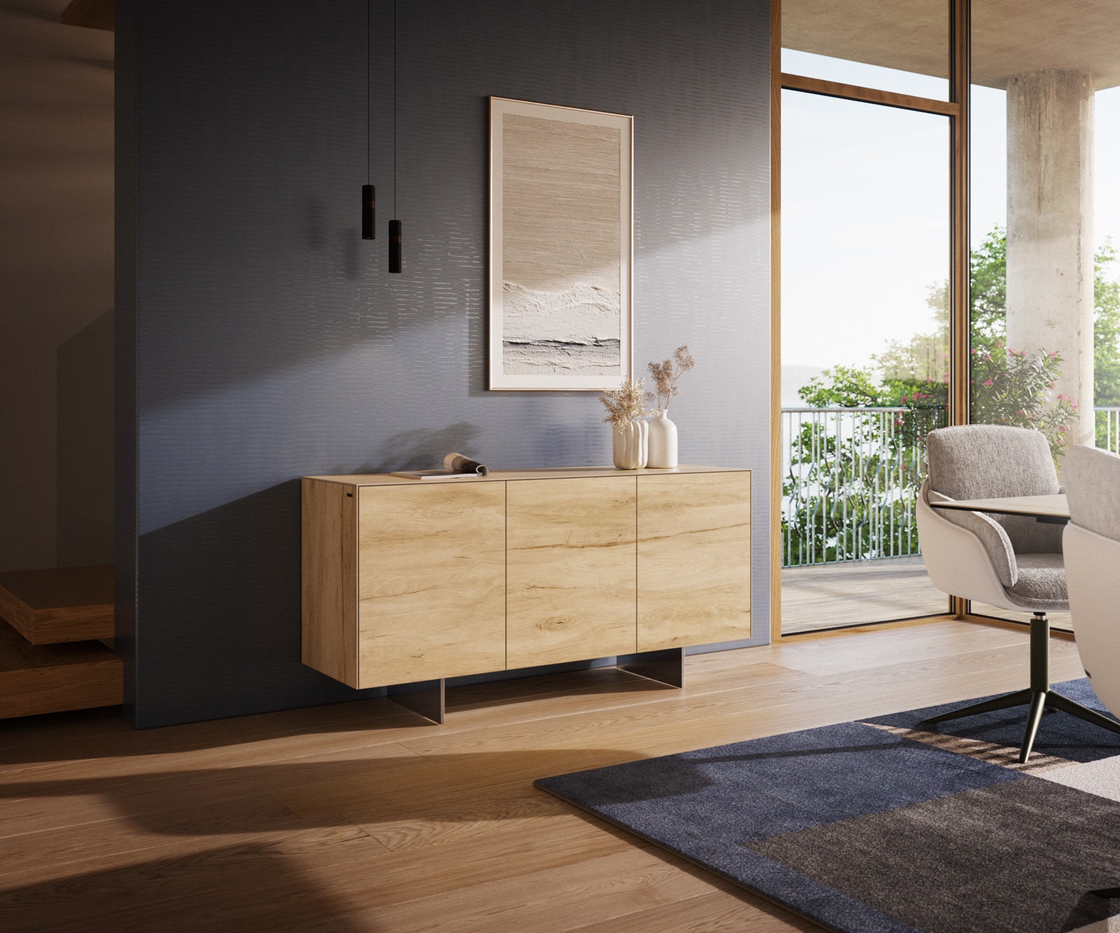 Sideboard Cuor 150 cm Keramik Laminam® Sabbia Eichefarbig 3 Türen Fuß Schwebeoptik Edelstahl von DELIFE