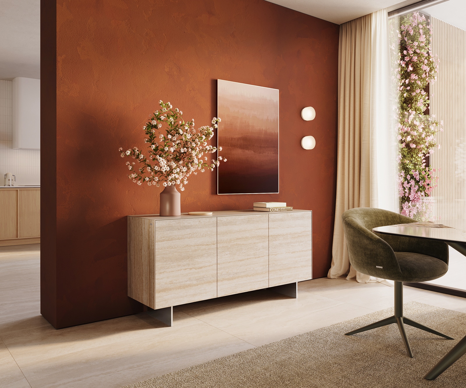 Sideboard Cuor 150 cm Keramik Laminam® Travertino Bianco Creme-Weiß 3 Türen Fuß Schwebeoptik Edelstahl von DELIFE