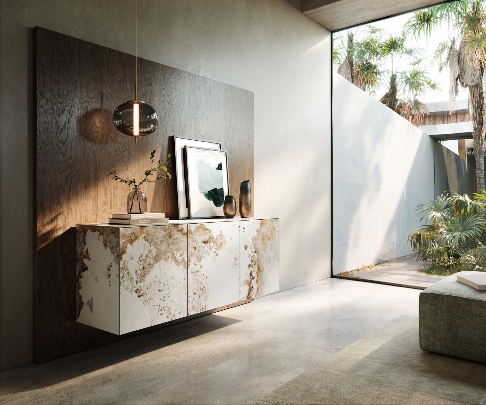 Sideboard Cuor 150 cm Keramik Minas Melange Weiß-Beige 3 Türen Schwebend von DELIFE