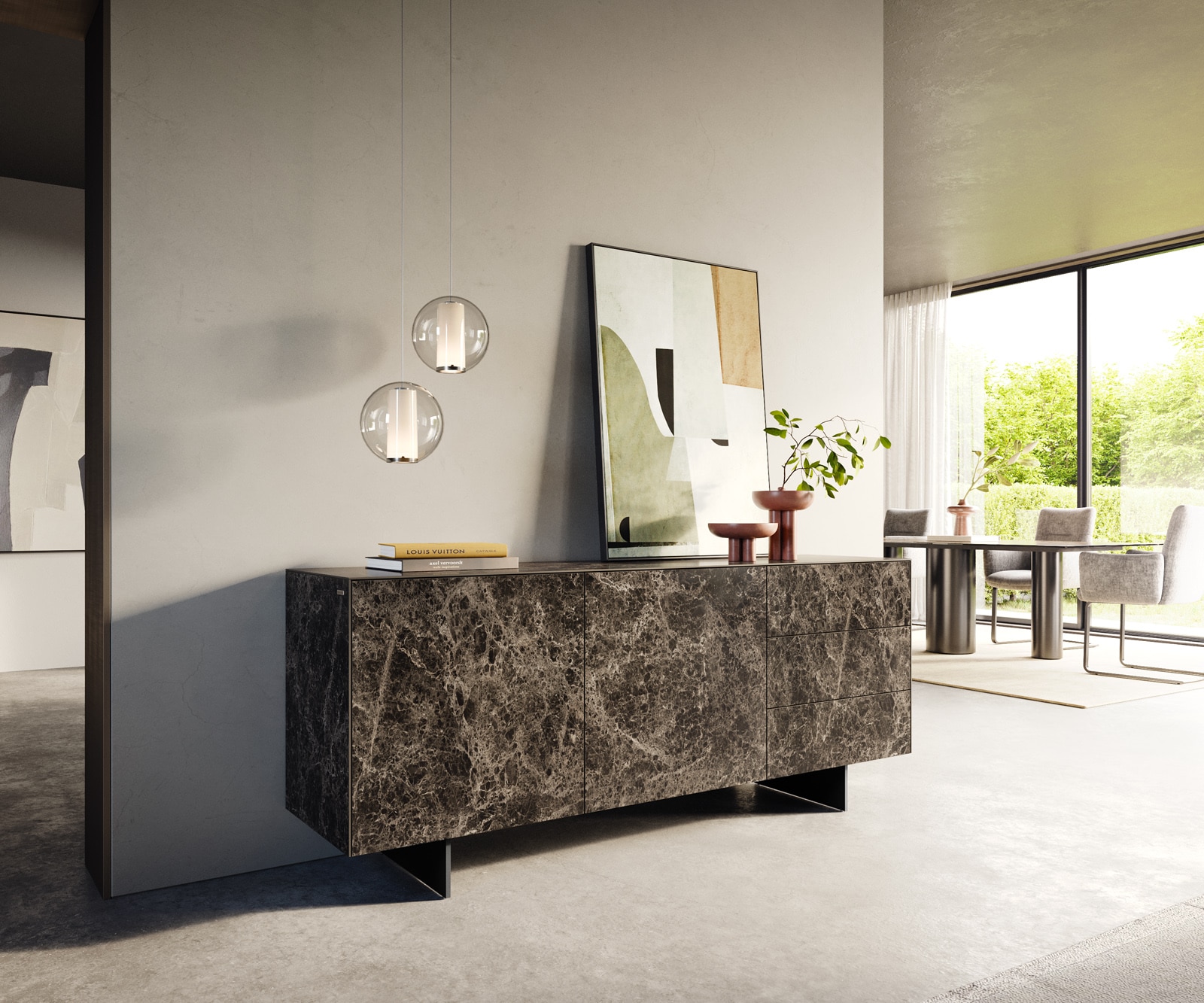 Sideboard Cuor 180 cm Keramik Laminam® Emperador Extra Lucidato Dunkelbraun 2 Türen 3 Schubfächer Fuß Schwebeoptik Metall Schwarz von DELIFE