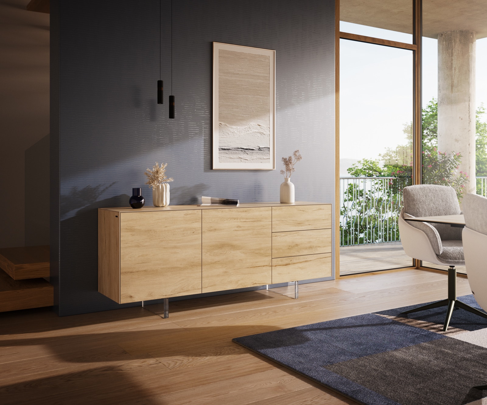 Sideboard Cuor 180 cm Keramik Laminam® Sabbia Eichefarbig 2 Türen 3 Schubfächer Fuß Schwebeoptik Acrylglas von DELIFE